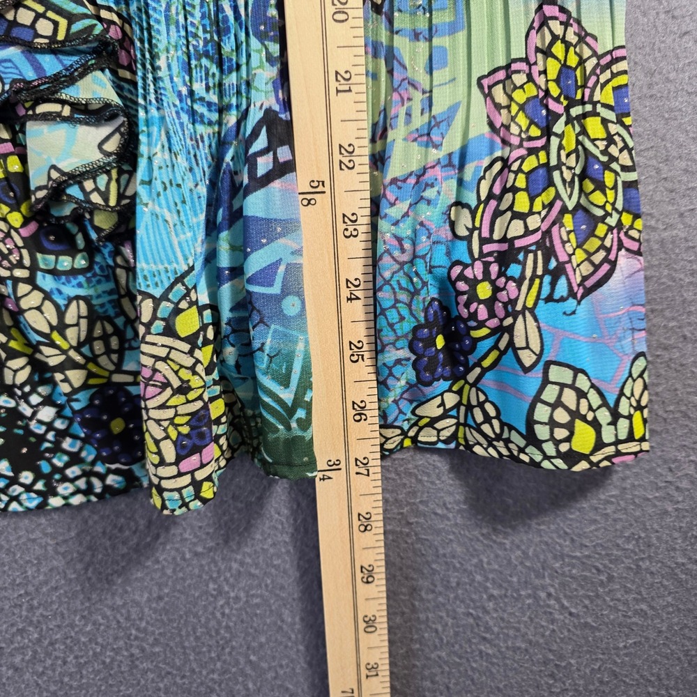 Dressbarn Woman Blue Floral Stained Glass Print Plissé Ruffle Blouse 1X - Picture 7 of 7